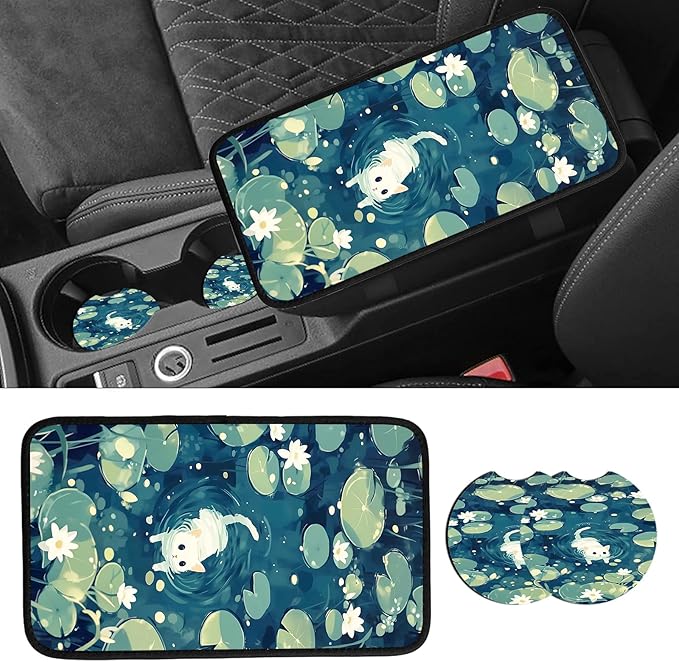JANENFNA Car Armrest Cover Pads Universal Fashion Cute Auto Center Console Armrest Cover Pad with 2PCS Car Coasters Soft Waterproof Car Armrest Seat Protector for Women,White Cat in Water