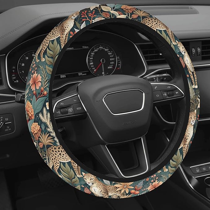 Cute Steering Wheel Cover for Women, Machine Washable Universal 14.5-15.5 inch Non-Slip Grip All Weather Use (Leopard Print)