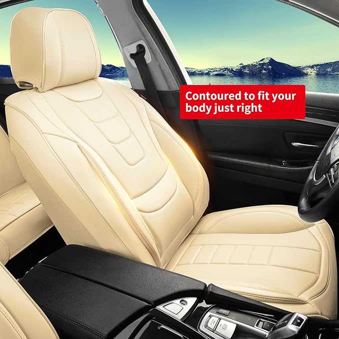 Car Seat Covers for Front Seats – Waterproof & Breathable Faux Nappa Leather, 360° Full Wrap Design, Airbag Compatible, Lumbar Support, Perfect for Drivers Who Sweat-Breathable Design. – Beige