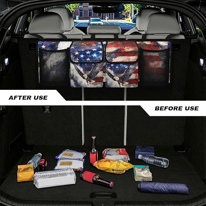 CLOHOMIN Eagle Trunk Organizer for Car American Flag Car Storage Oraganizer Patriotic Back Seat Hanging Storage with 4 Large Pockets Multi Cargo Storage Bag for SUV Car Sedan