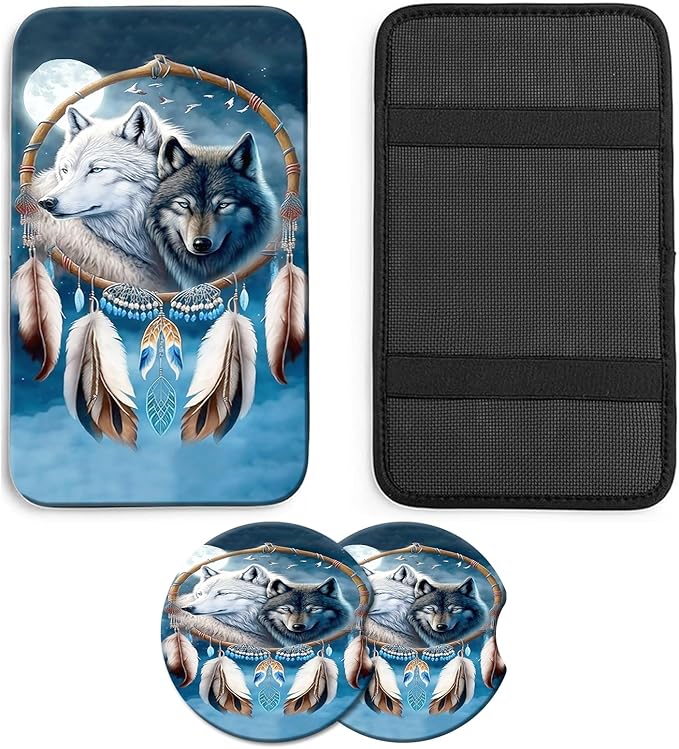 JANENFNA Car Armrest Cover Pads Universal Fashion Cute Auto Center Console Armrest Cover Pad with 2PCS Car Coasters Soft Waterproof Car Armrest Seat Protector for Women,Wolf Feather Hanger