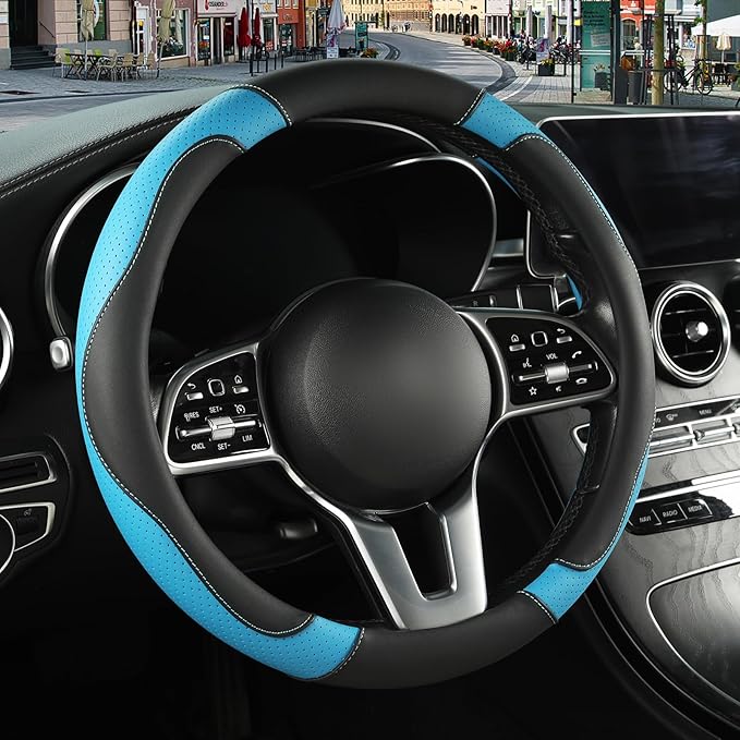 Binsheo Microfiber Leather Steering Wheel Cover Large Size for Ford F150 F250 F350 F450 RAM 4Runner Tacoma Tundra Sequoia Model S Model X, Breathable, Anti Slip, 15.5 inch to 16 inch, Black with Blue