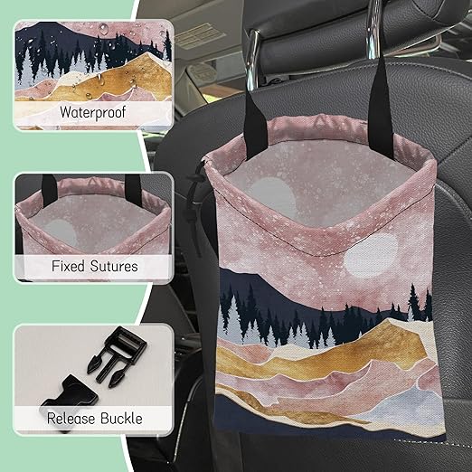 NHNXHWIA Pink Mountain Car Trash Bag,Full Moon Hanging Drawstring Car Garbage Bag,Waterproof Canvas Car Back Seat Organizer with Adjustable Buckle,for Vehicles,SUVs,Camping,Road Trips