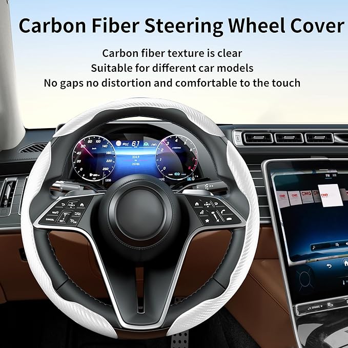 LevChall Carbon Fiber Steering Wheel Cover, 3-Piece Set Anti-Skid Comfortable Grip Segmented Butterfly Design, Easy Snap-On Installation Universal Fit 99% Cars, White