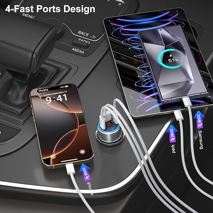 4-Port USB C Car Charger for iPhone 17/16e/15 Pro Max, 65W Multi Port PD+QC 3.0 Fast Charging Dual 12V USB-C&USB-A Car Charger Cigarette Lighter Adapter Voltmeter for iPhone Air 17 16 15 Pro