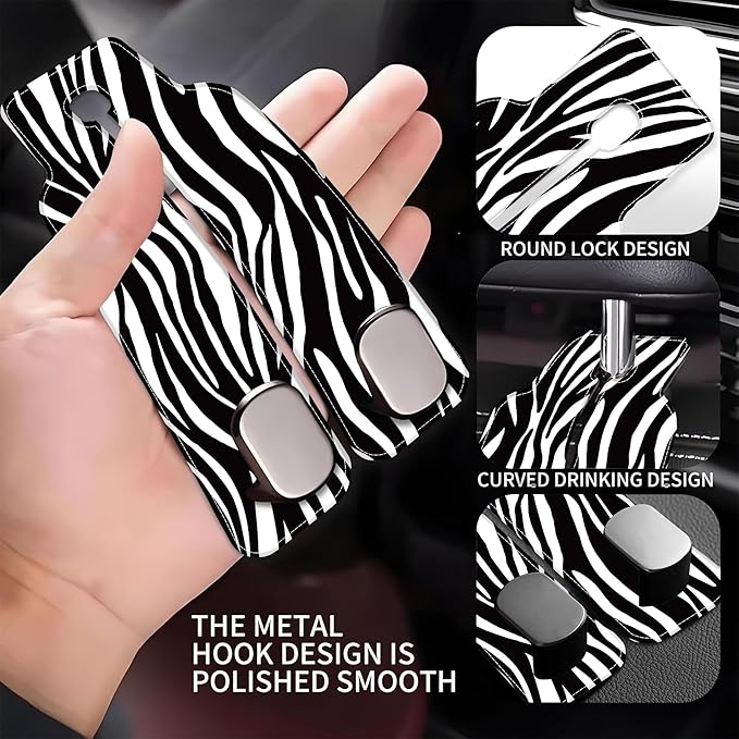 AEWNUNK Purse Hook for Car Abstract Black Zebra 1 Pack Headrest Back Seat Hook Premium Leather Double Metal Hanger Storage Pack Bag Purse Holder Car Interior Accessories