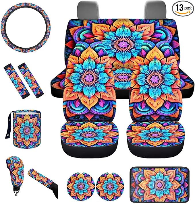 Dngkaoje Hippie Flower Car Seat Cover Set 13 Pack Colorful Hippie Lotus Auto Front Rear Seat Protector Full Set Universal Car Accessories with Seatbelt Shoulder Pads,Steering Wheel Covers,Garbage Bin