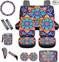 Dngkaoje Hippie Flower Car Seat Cover Set 13 Pack Colorful Hippie Lotus Auto Front Rear Seat Protector Full Set Universal Car Accessories with Seatbelt Shoulder Pads,Steering Wheel Covers,Garbage Bin