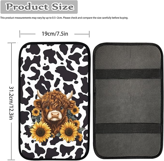 Highland Cattle Cow Print Car Center Console Cover Pad,Universal Armrest Seat Box Cover for Most Vehicle, SUV, Truck