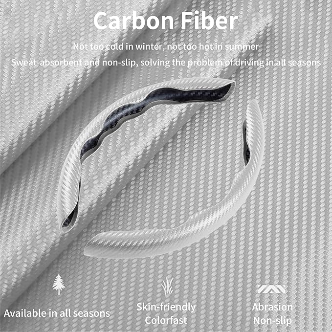 LevChall Carbon Fiber Steering Wheel Cover, 3-Piece Set Anti-Skid Comfortable Grip Segmented Butterfly Design, Easy Snap-On Installation Universal Fit 99% Cars, White