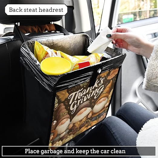 Car Trash Can Organizer Bin with Adjustable Strap for Back Front Seat Console Waterproof Leakproof Collapsible Portable 8.66 Inch Autumn Gnomes Pumpkin Brown