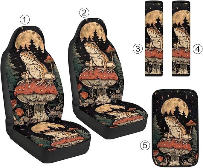 Psesaysky 5 Piece Car Accessories Set Mushroom Frog Comfort Front Seats Covers Set of 2, Car Seat Belt Pads with Center Console Armrest Cushion Universal Fit Most Truck SUV Van