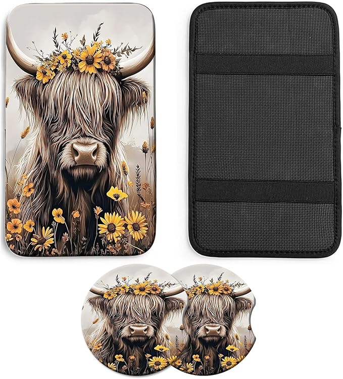 JANENFNA Car Armrest Cover Pads Universal Fashion Cute Auto Center Console Armrest Cover Pad with 2PCS Car Coasters Soft Waterproof Car Armrest Seat Protector for Women,Cow Flower Crown