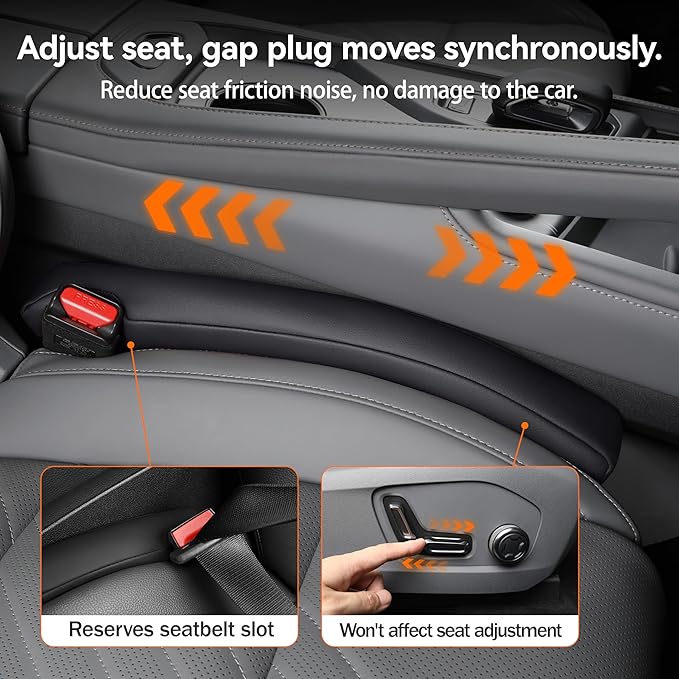 POKSRI Car seat Gap Filler, 2 Pack Leather Gap Organizers Stop Things from Dropping into The Gap Between seat and Console, Adjustable Width 1.4-2.4 inches Fit Most car/Truck/SUV, Accessories(Black)