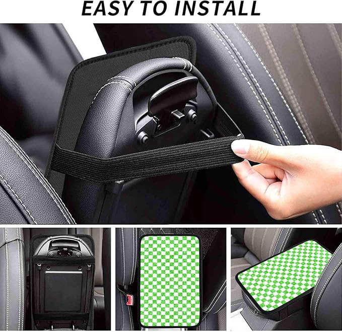 Glitter Green White Checkered Chessboard Flag Car Armrest Pad Cute Cars Center Console Cover Auto Handrail Box Cushion Armrests Cover