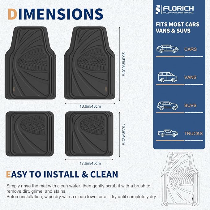 FLORICH Car Floor Mats, Waterproof Universal Heavy-Duty 4 Pieces Rubber Floor Mats for Cars, Full Set Car Mats with Anti-Slip Backing Fit for Most SUV, Vans,Trucks, Sedan(Light Black)
