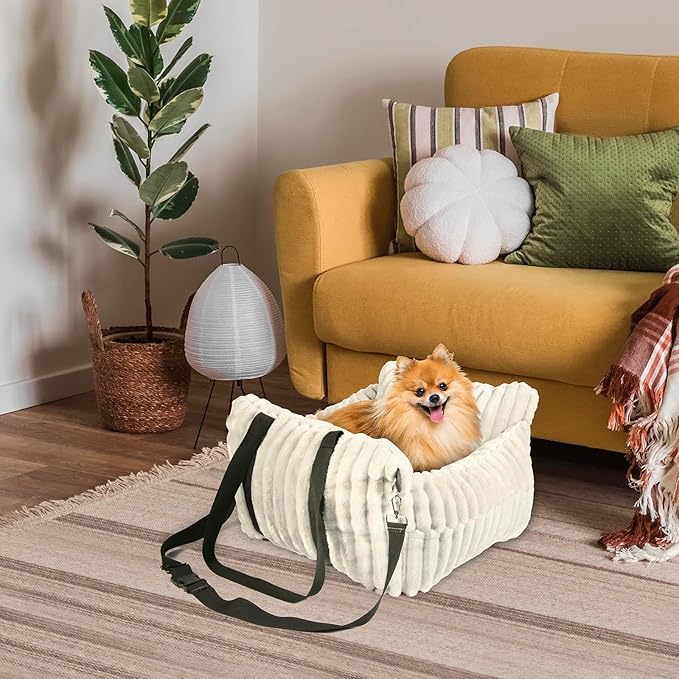 HOMLOVE Dog Car Booster Seat, for Small Dogs Under 30 lbs, Detachable Washable Travel Bed with Storage Pockets and Safety Belt (Beige, Medium)