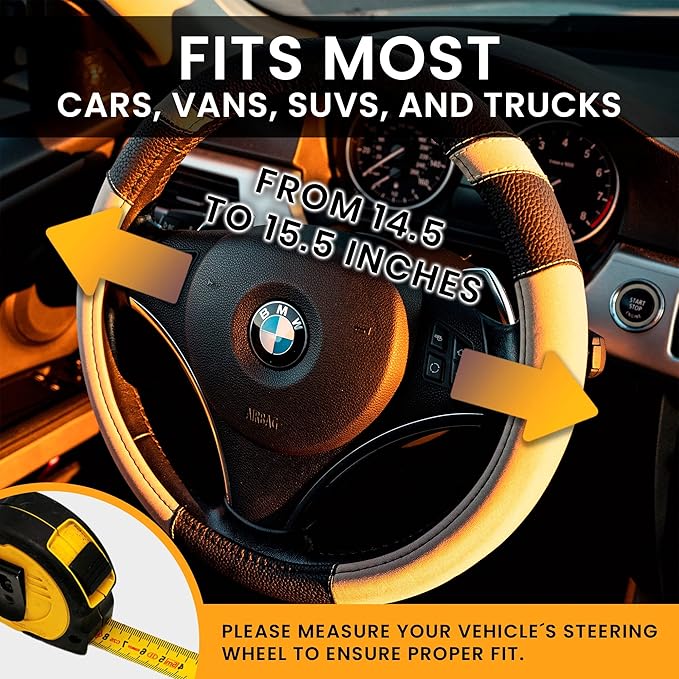 Gorla Gear Beige Leather Neoprene Steering Wheel Cover Women Men, Easy Fast Installation, Tan Khaki Universal Fit 14.5 15 15.5 Inch, Anti-Slip Safer Grip Car Accessories for Automobile Truck SUV Van