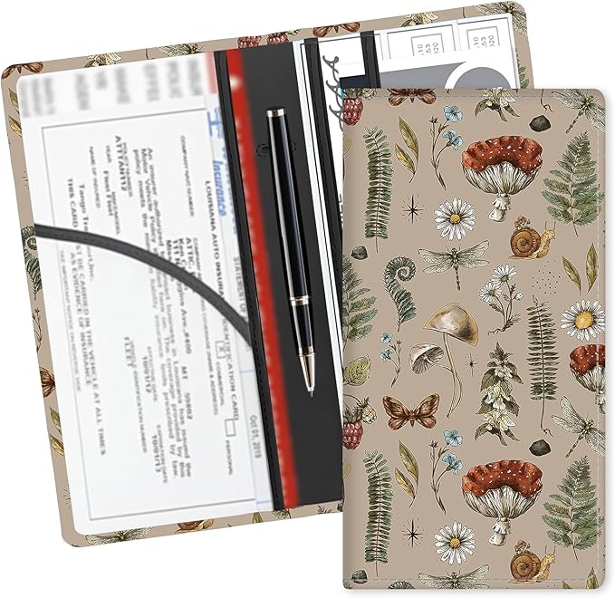 ADUQLZUX Leather Car Registration and Insurance Card Holder, Cute Car Accessories Vehicle Glove Box Car Organizer for Documents, Cards, License Cute Boho Mushroom