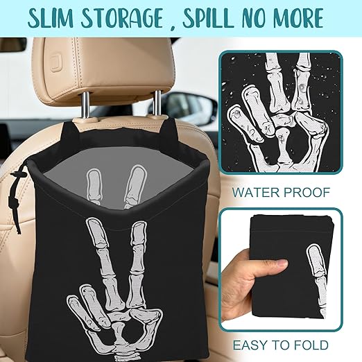KXWQTRDD Car Garbage Bag Skeleton Hand Peace Sign Drawstring Car Trash Bag Hanging for Back Seat with Adjustable Buckle Canvas Vehicle Trash Can Easy-to-Install