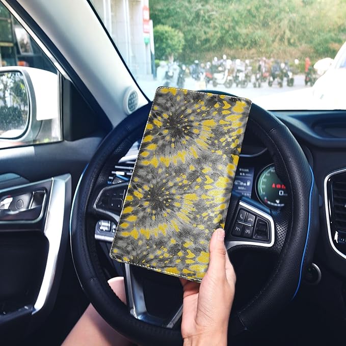 ALAZA Yellow Grey Tie Dye Car Registration and Insurance Card Holder Vehicle Glove Box Car Organizer Driver License Documents Holder Waller Case Organizers