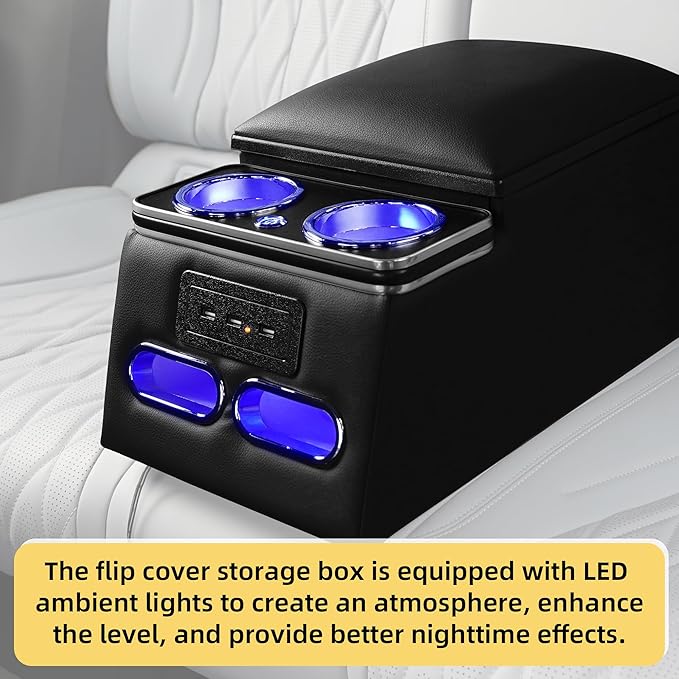 TENGBASE Universal Truck Seat Organizer with Padded Armrest Lid | Features 3 USB Ports, 2 Drawers & Cup Holders | Extra Storage for Car, SUV & Van