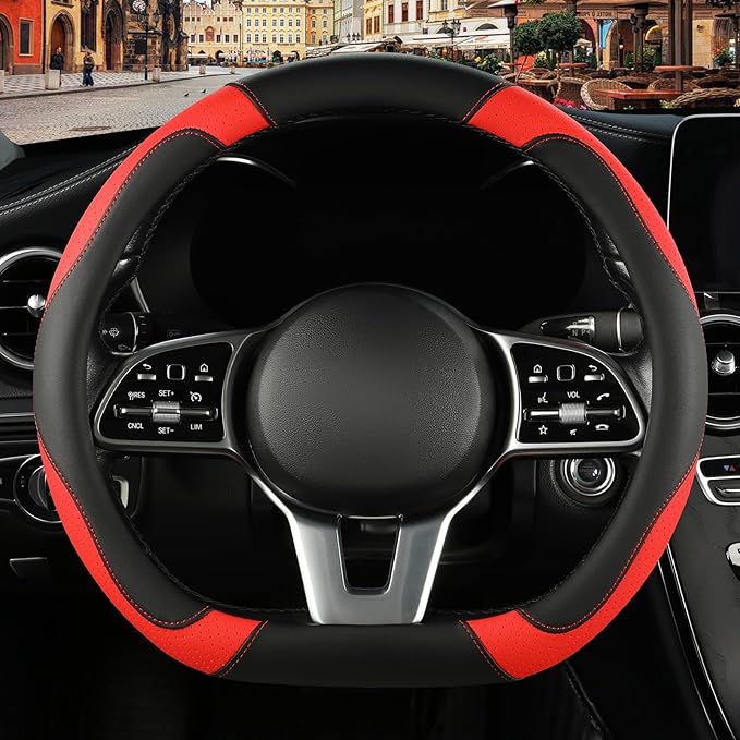 Binsheo Microfiber Leather D Shaped Steering Wheel Cover, Breathable, Anti Slip, Universal 15 inch, Black with Red