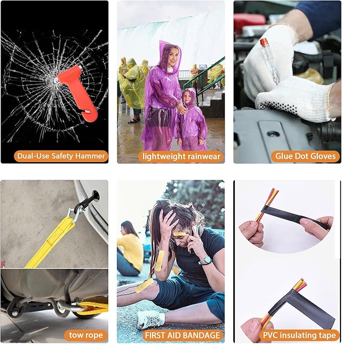 LIANXIN Emergency Roadside Kit for Car - Roadside Safety Tool Kit,with Jumper Cables Car Kit Headlamp Folding Shovel Safety Hammers Tow Rope, Emergency Roadside Car Kit