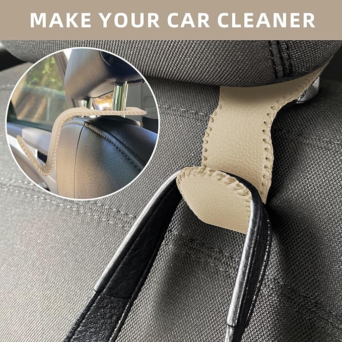 Etre Jeune Car Bag Hooks - 2 Pack Beige Leather Seat Hooks for Hanging Purses, Bags and Coats
