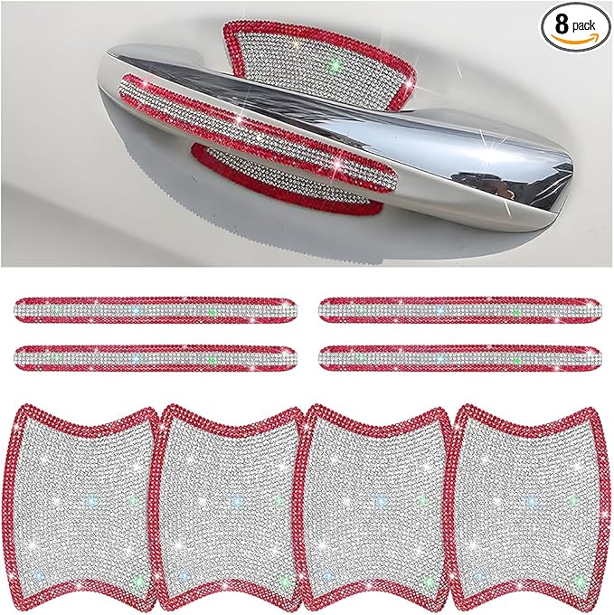 Mandark 8PCS Bling Car Door Handle Protector, Crystal Rhinestone Vehicle Door Bowl Protective Sticker, Glitter Anti-Scratch Auto Decor Decals Accessories, Universal for SUV, Sedan, Truck (Red/White)