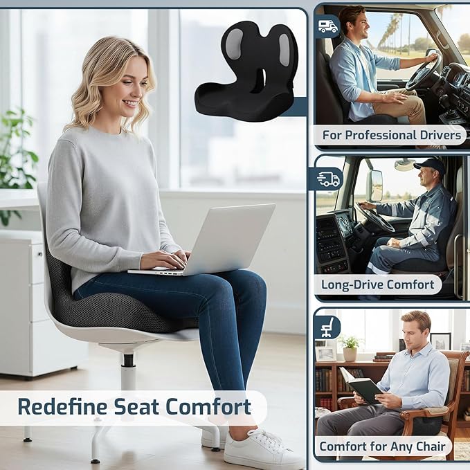 Office Chair Cushions with Lumbar Support Pillow, Soothe Back and Seat Cushion Memory Foam, Non Slip Adjustable Strap for Lower Back Pain Sciatica Relief Office Workers Car Drivers (Black+Mesh Cloth)