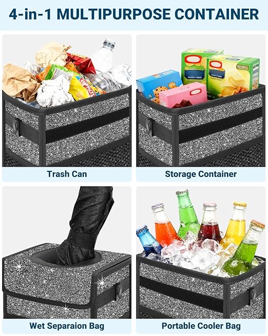 Capolo Car Trash Can with Lid, Leakproof Car Trash Bag Hanging Waterproof Automotive Garbage Can with Storage Pockets Mini Vehicle Trash Bin for Back/Front Seat(Sparkly Black,2.5 Gallon)