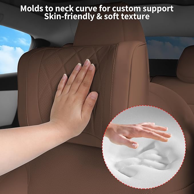Dapucarin Car Headrest Pillow U-Shaped, Memory Foam Head Neck Support Cushion for Driving, Leather Head Rest Travel Pillows for Sleeping, Breathable Removable Cover, Brown, 2 Pack