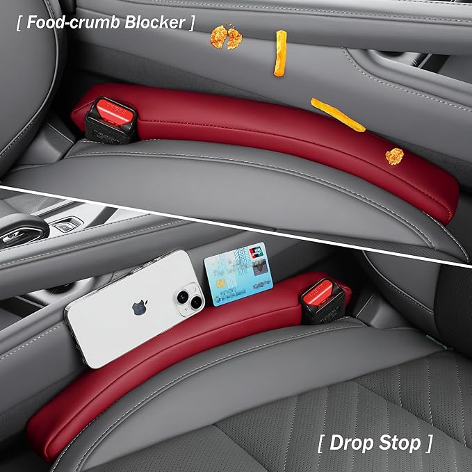 POKSRI Car seat Gap Filler, 2 Pack Leather Gap Organizers Stop Things from Dropping into The Gap Between seat and Console, Adjustable Width 1.4-2.4 inches Fits Most car/Truck/SUV, Accessories(Wine)