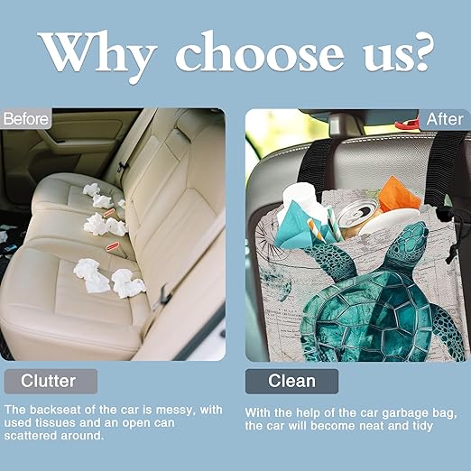 Watercolor Sea Turtle Car Trash Bag,Vintage Map Strap Drawstring Car Garbage Bags,Car Back Seat Organizer with Adjustable Buckle for Car Accessories
