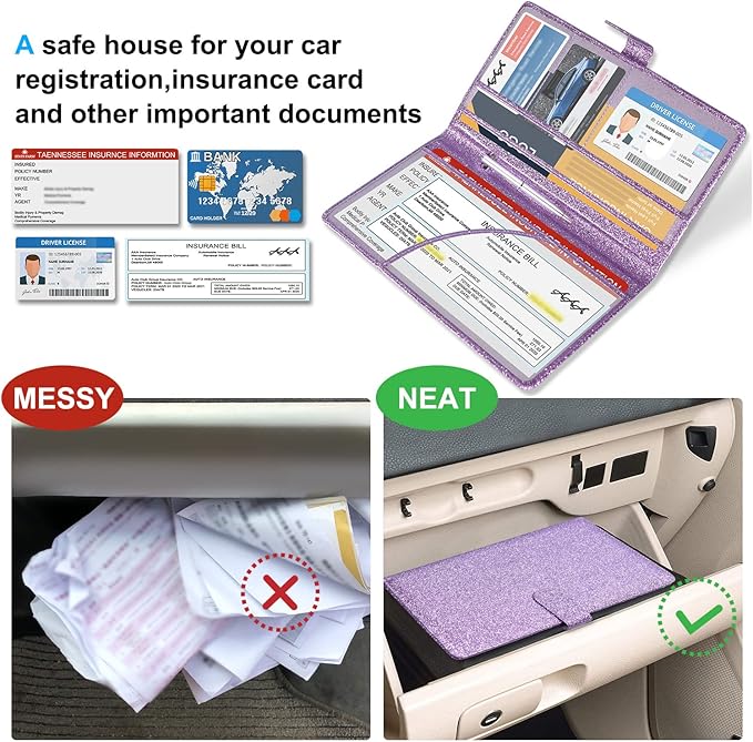 DMLuna Car Registration and Insurance Holder, Leather Vehicle Card Document Glove Box Organizer, Auto Truck Compartment Accessories for Essential Information, Driver License Cards, Glitter Purple