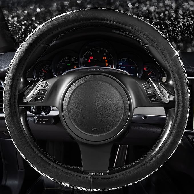 CAR PASS Bling Cow Print Diamond Steering Wheel Cover, with Sparkly Crystal Glitter Rhinestones Black Leather Car Wheel Protect for Women Girl Fit Suvs,Vans,Sedans,Cars,Trucks, 14" 1/2-15" Cow Design