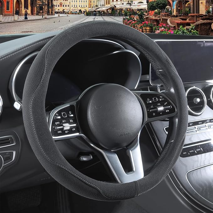 Gray Faux Suede Steering Wheel Cover, Breathable Non-Slip Sweat-Proof Wear-Resistant No Pilling, Warm in Winter and Cool in Summer, Universal 15 inch