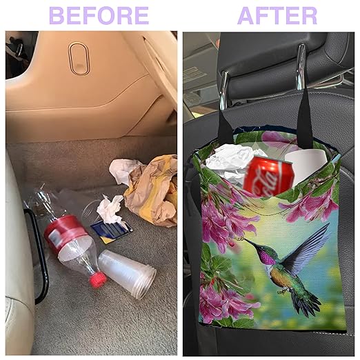UUCBTAH Car Trash Bag Hummingbird with Hibiscus Car Trash Bin Leakproof Waterproof Car Trash Can for Back Seat, Foldable Car Garbage Bag with Adjustable Straps and Drawstring for Car Accessories