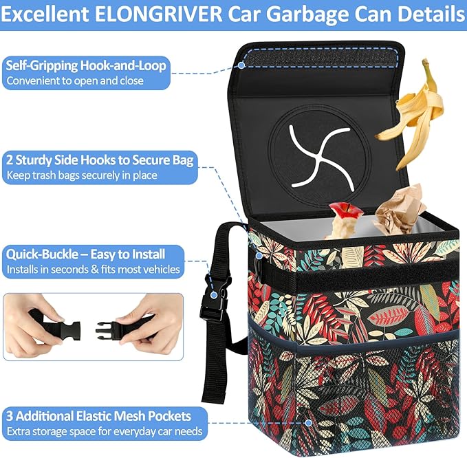 Car Trash Can Bin for Back Seat Leak Proof, Cute Car Trash Bag Hanging, Vehicle Trash Can for SUV Truck Van, Automotive Garbage Cans Front Seat Red Leaves, 2 Gallons