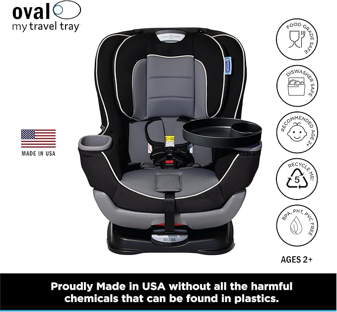 Travel Tray Oval USA Made Extend Your Current Cup Holder to Hold a Cup Plus A Tray for Snacks, Toys and Accessories. Use in a Car Seat, Booster, Stroller, Golf Cart, Outdoor Chair, (Pirate Black)