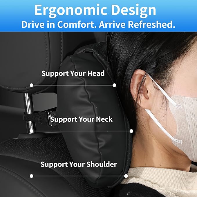 WEIHAO Car Neck Pillow with Adjustable Straps, Ergonomic Head Rest Pillow for Car Seat, Soft Leather Headrest Pillow Car Neck Support Pillow for Driving Office Gaming Chairs Neck Pillow (Black-1PC)