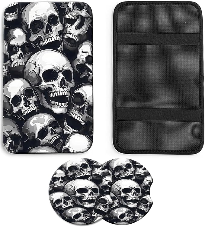 JANENFNA Car Armrest Cover Pads Universal Fashion Cute Auto Center Console Armrest Cover Pad with 2PCS Car Coasters Soft Waterproof Car Armrest Seat Protector for Women,Pile of Skulls