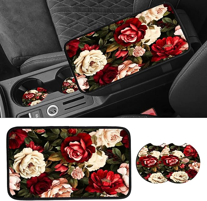 JANENFNA Car Armrest Cover Pads Universal Fashion Cute Auto Center Console Armrest Cover Pad with 2PCS Car Coasters Soft Waterproof Car Armrest Seat Protector for Women,Beautiful Roses Flowers