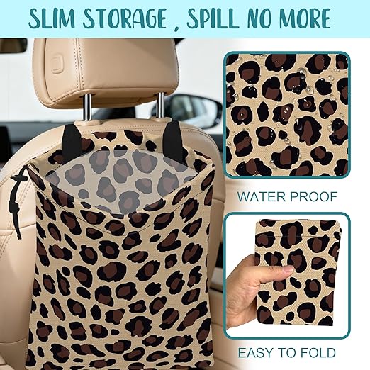 KXWQTRDD Car Trash Bag Abstract Brown Leopard Leak-Proof Car Garbage Bag with Drawstring Foldable Canvas Trash Bin with Adjustable Buckle for Car Accessories, Travelling, Camping