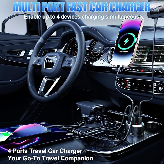 Car Charger USB C, 78W 4 Port Fast Charging Car Phone Charger Adapter, Dual USB-C & USB-A Cigarette Lighter Adapter with Voltmeter Vehicle Accessories for iPhone 17 16, iPad, Samsung, Android