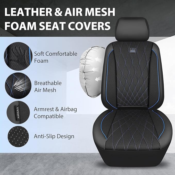 CAR PASS Thick Foam 3D Air Mesh Leather Car Seat Covers Front Seats Only, Breathable Premuim Leather Two Front Seat Cover, Airbag Compatible Universal Fit for Most Sedan Van Truck SUV,Black and Blue
