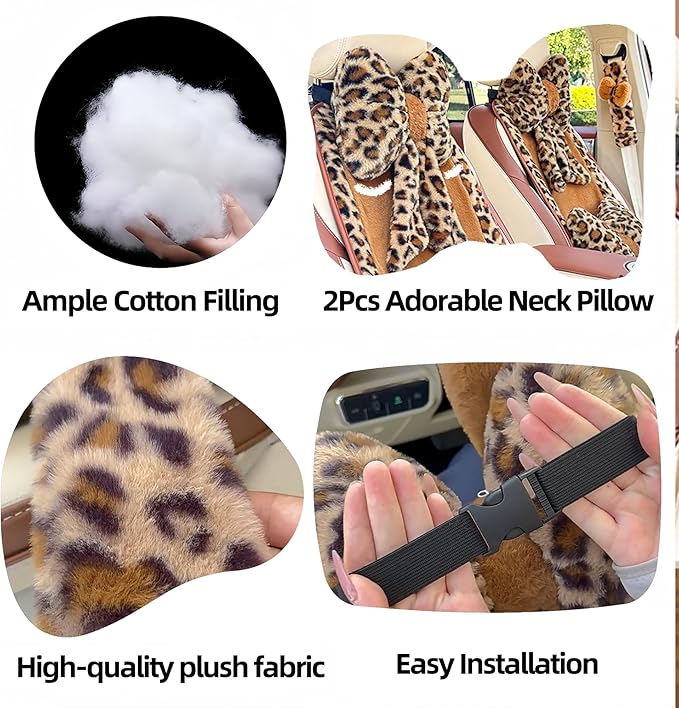 Car Steering Wheel Cover with Leopard Print & Cute Bowknot Soft Anti-Slip Y2K Retro Luxury Fluffy Fur Car Interior Accessory (Leopard Set 3)