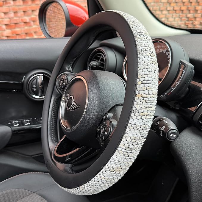 PINCTROT Large Size Chenille Leather Steering Wheel Cover, Soft Mottled Colors, Sweat-Proof, Non-Slip Grip, All-Season Comfort, 15.5-15.75 Inch(Mottled White)