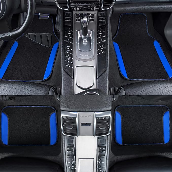CAR PASS Rainbow Waterproof Universal Fit Faux Leather Car Carpet- Anti-Slip Nibbed Backing Floor Mats for SUV, Vans, Sedans, Trucks, Automotive Set of 4pcs (Black with Blue)